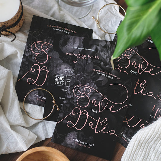 CLASSIC BLACK & PEACH FLORAL WEDDING INVITATION