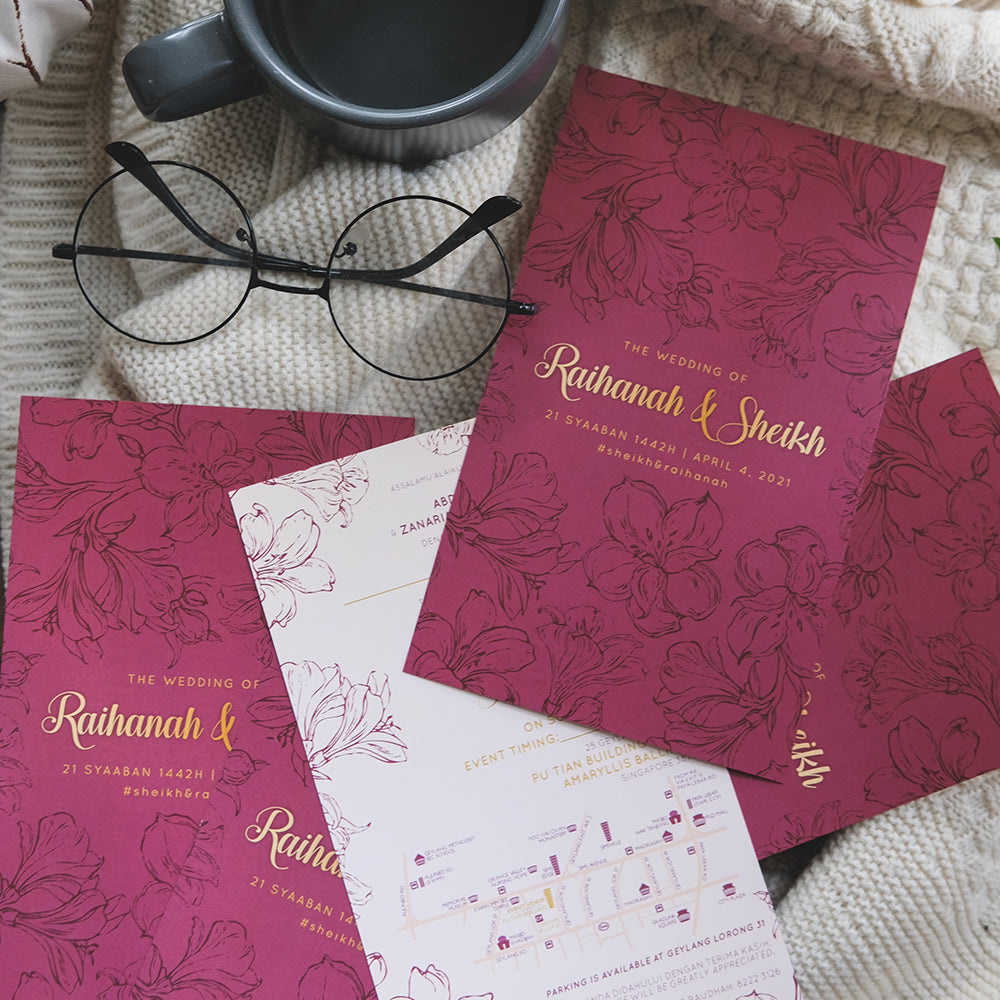 Dark Maroon Hibiscus Wedding Invitations | Kad Kahwin Singapore