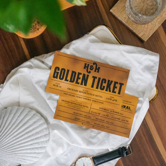 Charlie and The Chocolate Factory Inspired Golden Ticket Wedding Invitations | Wedding Cards SG 