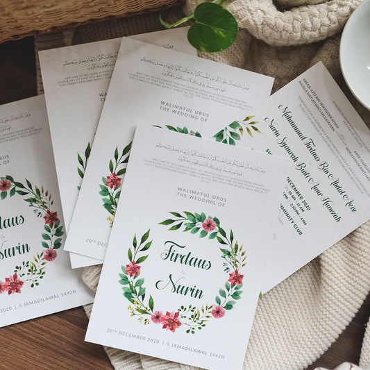 EUCALYPTUS RED BLOOMS WREATH WEDDING INVITATION