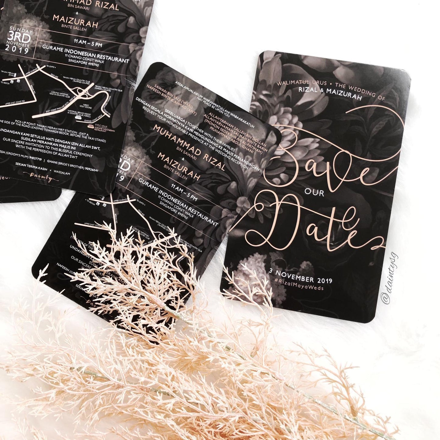 CLASSIC BLACK & PEACH FLORAL WEDDING INVITATION