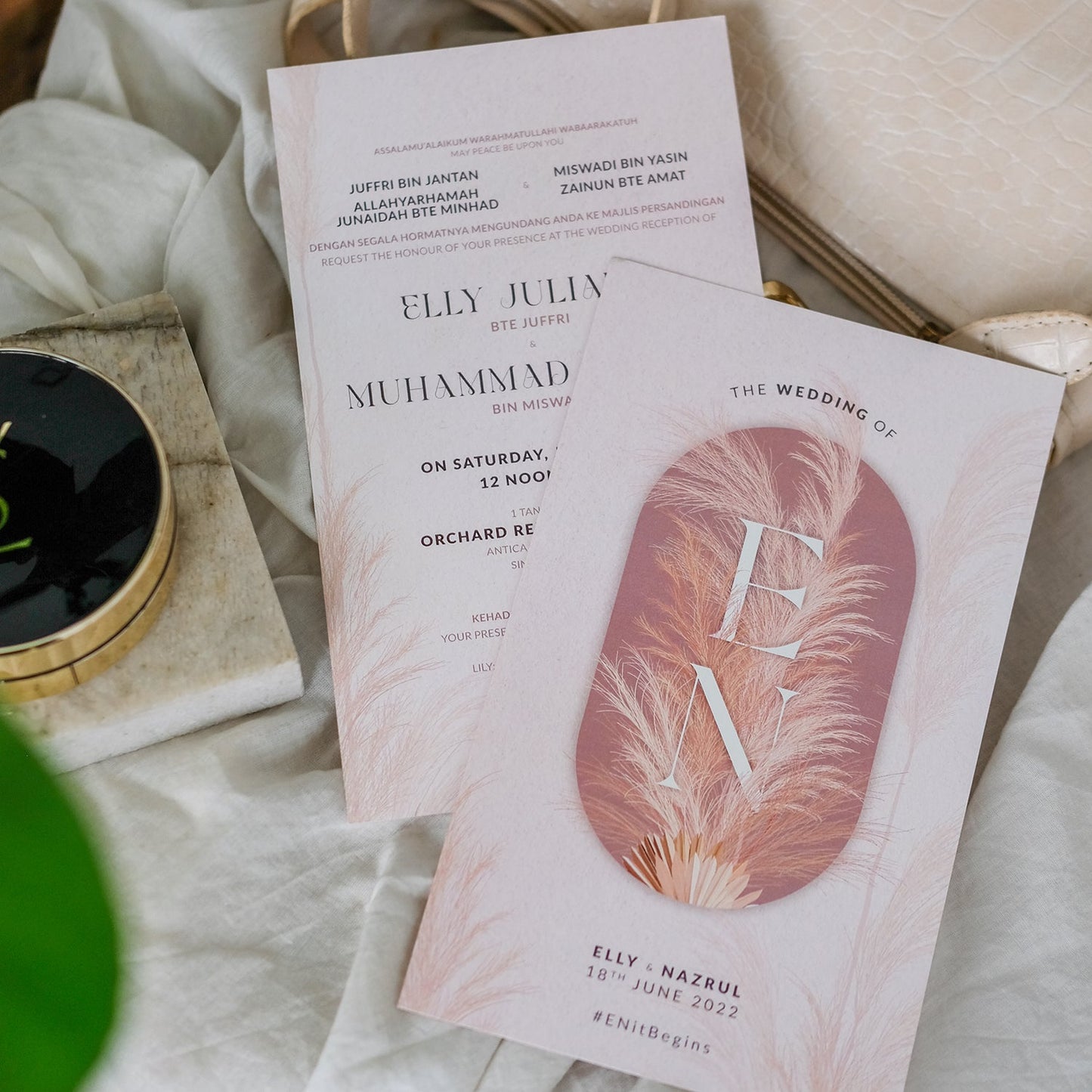 Brown Hues Bohemian Pampas Grass Wedding Invitations Suite | Singapore Wedding Card