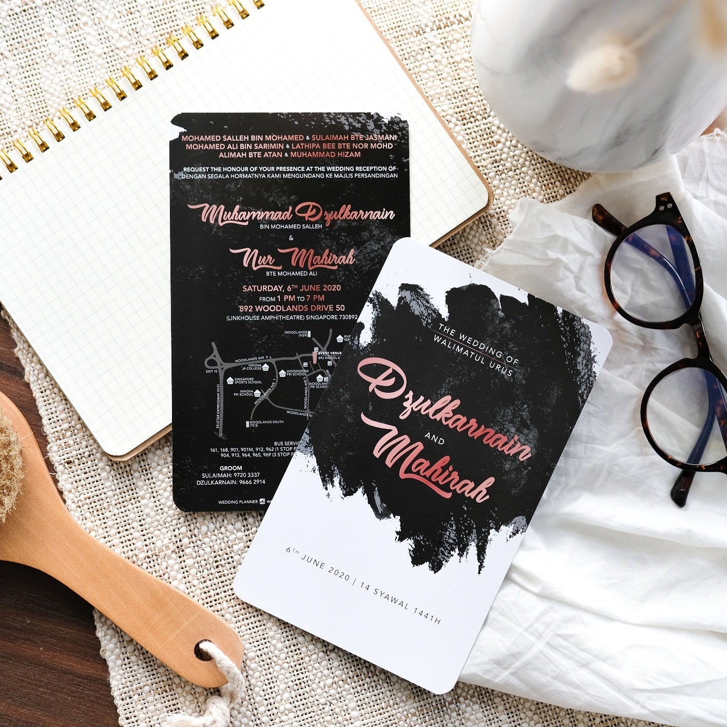 Rose Gold And Black Watercolor Wedding Invitation | Kad Kahwin SG