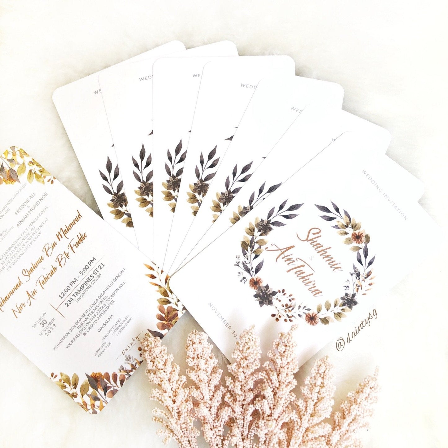 Eucalyptus Brown Wreath Wedding Invitations | Kad Kahwin Singapore