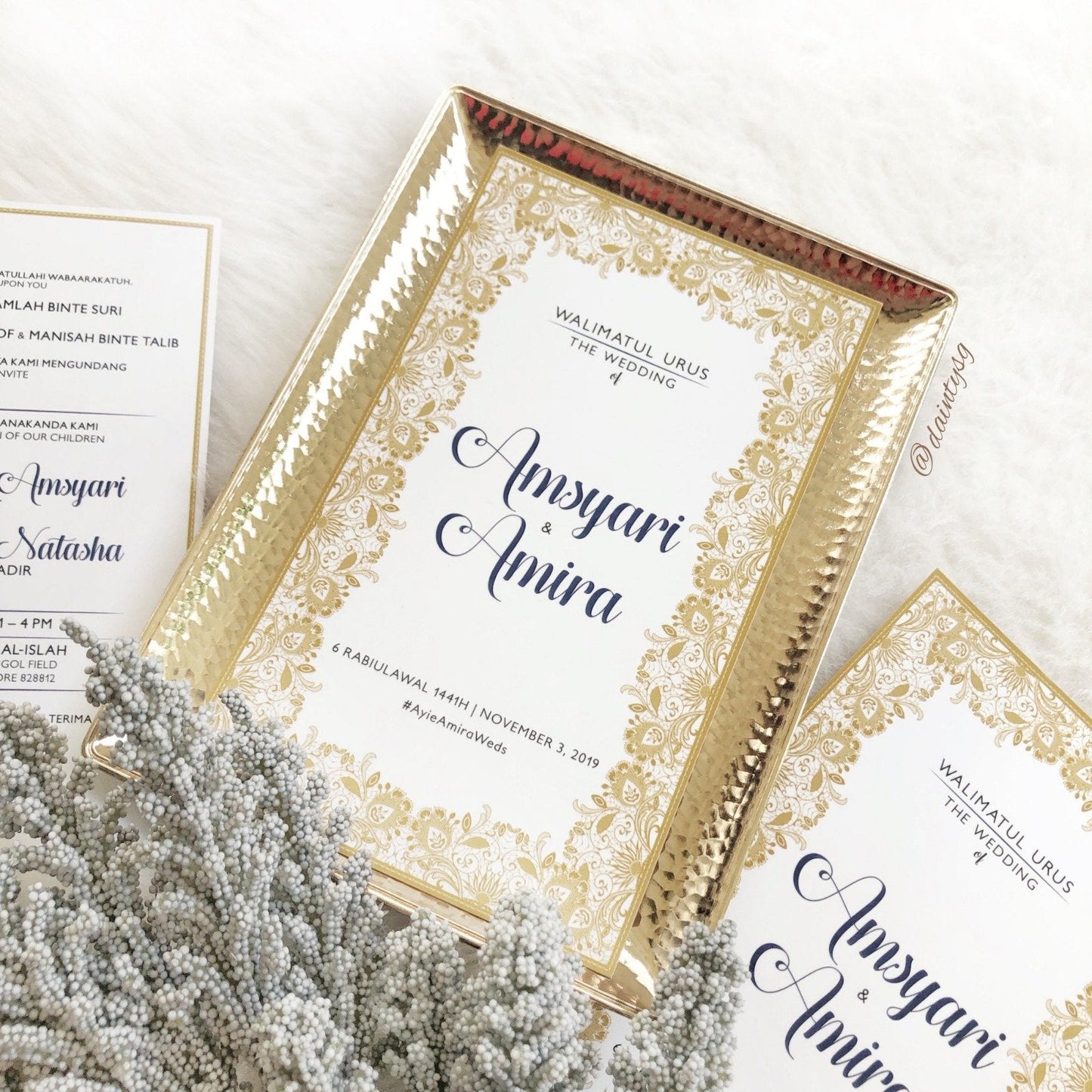 ROMANTIC NAVY BLUE AND GOLD LACE WEDDING INVITATION