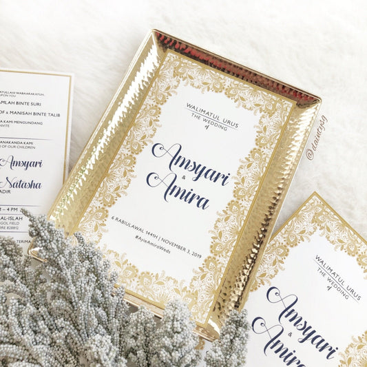 ROMANTIC NAVY BLUE AND GOLD LACE WEDDING INVITATION