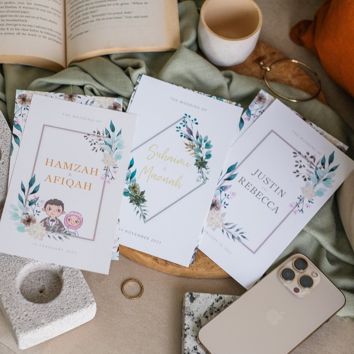 Couple Illustration Eucalyptus Frame Wedding Invitations | Kad Kahwin Singapore