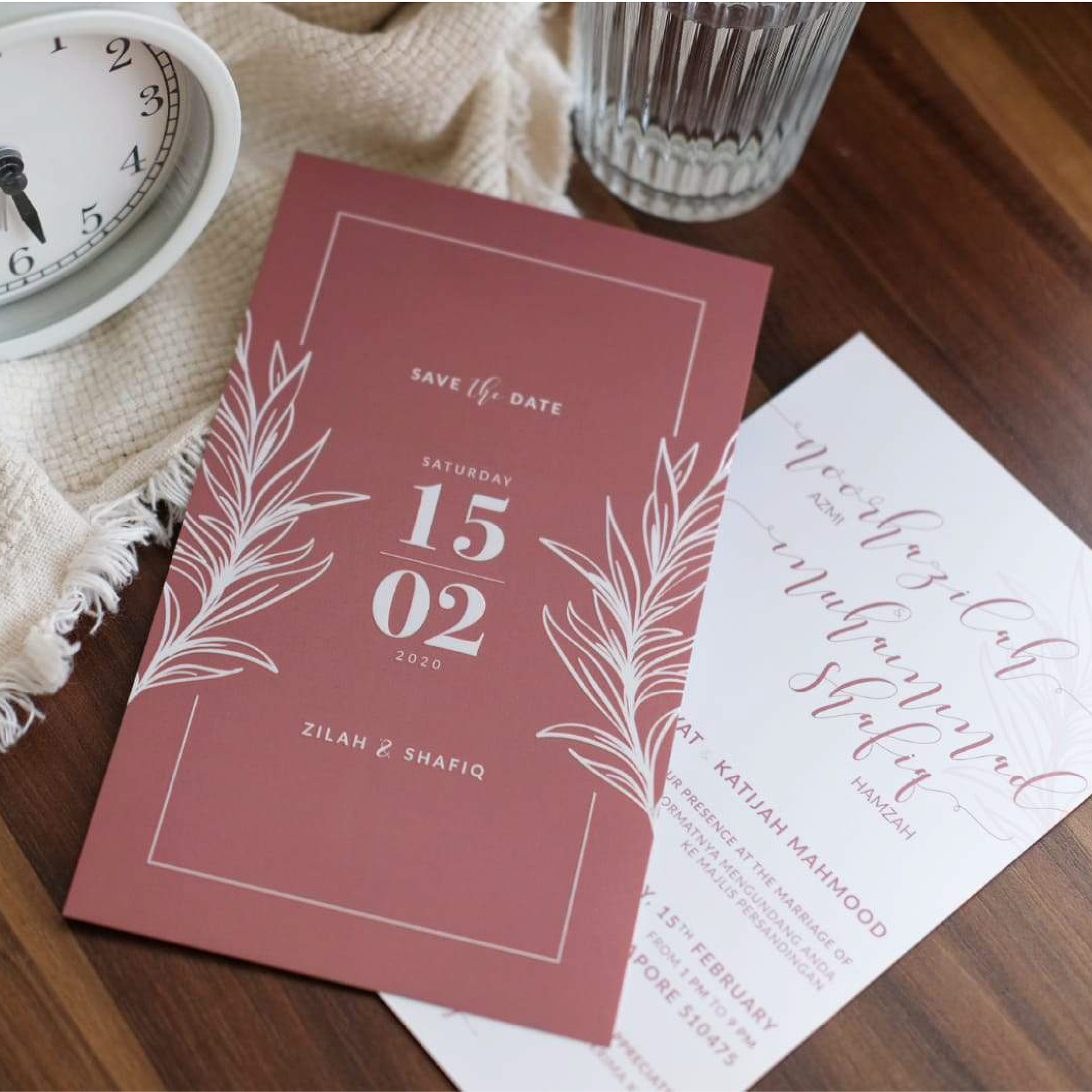 Chic Ash Rose Olive Leaves Wedding Invitations | Kad Kahwin SG