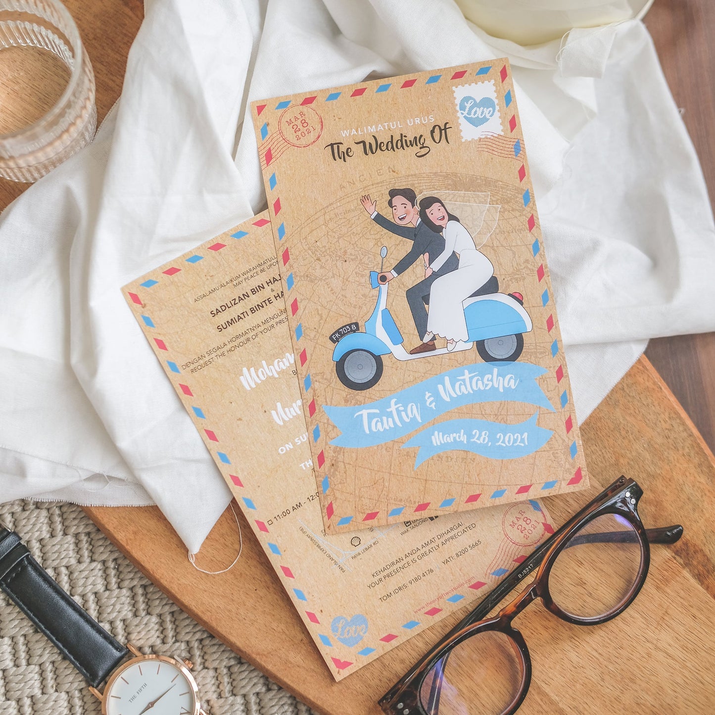 Bride and Groom on Blue Vespa Scooter Illustrated | SG Wedding Card