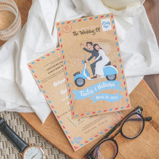 Bride and Groom on Blue Vespa Scooter Illustrated | SG Wedding Card