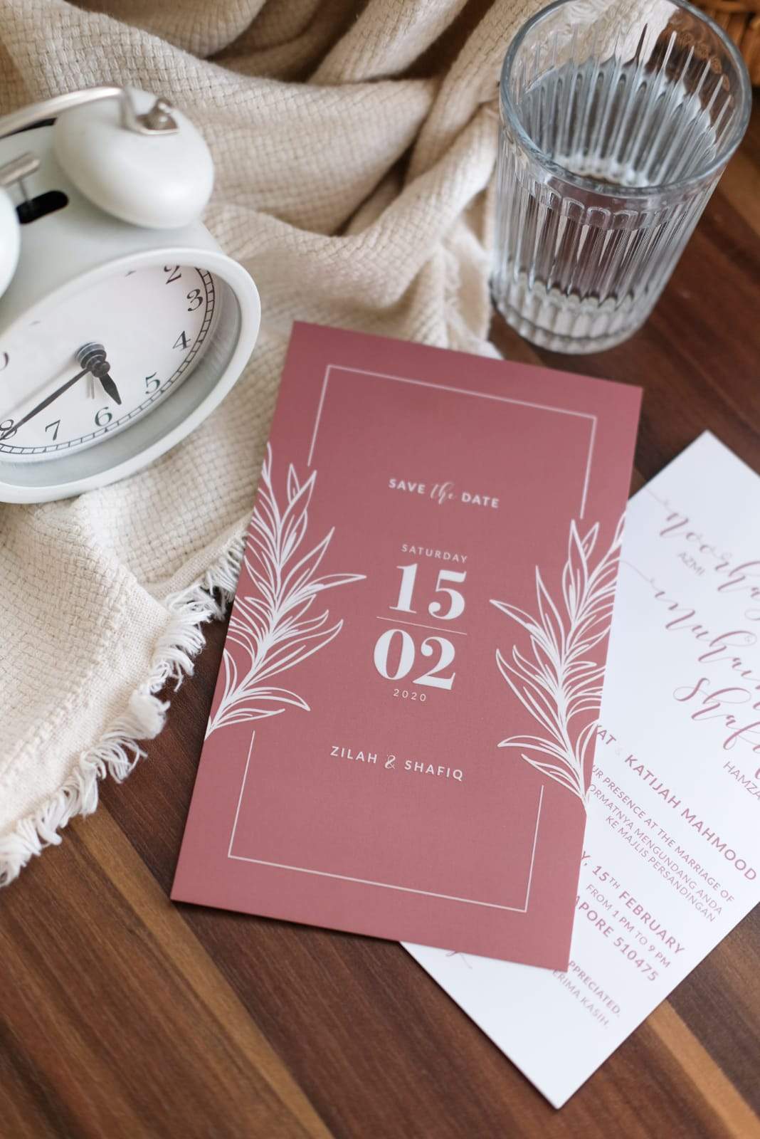 Chic Ash Rose Olive Leaves Wedding Invitations | Kad Kahwin SG