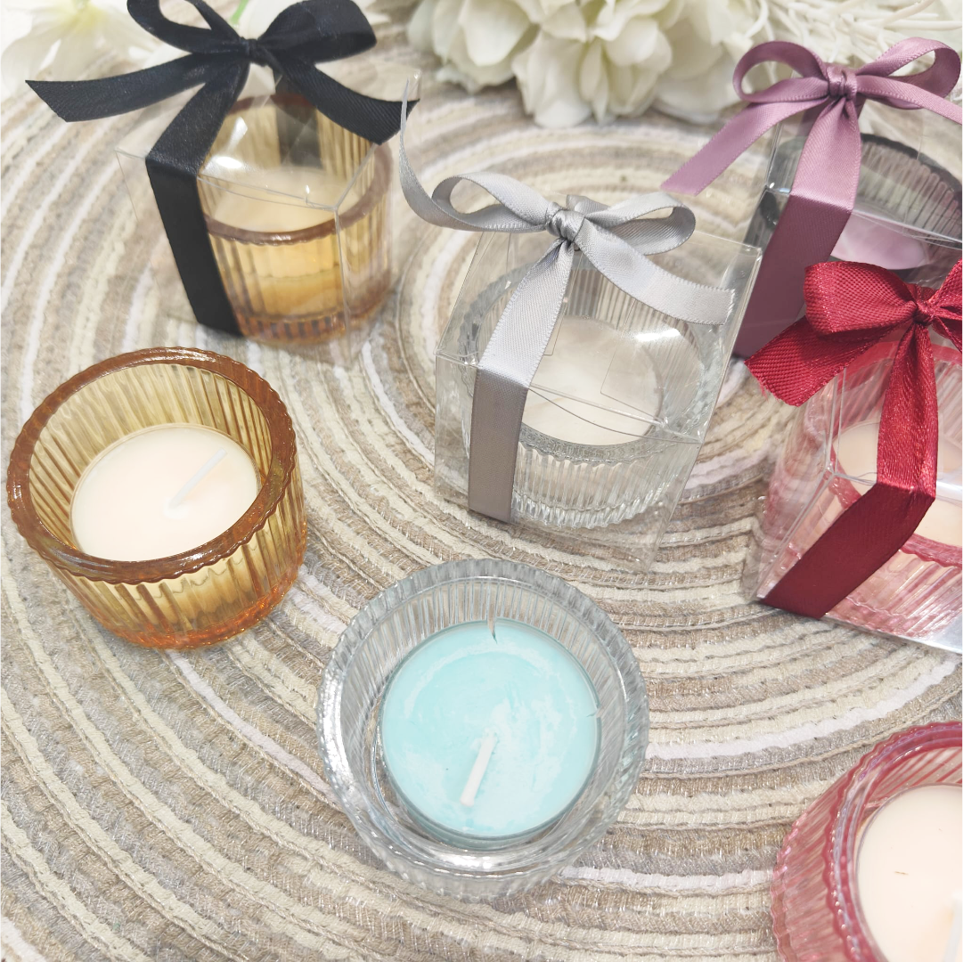 SCENTED TEA LIGHT CANDLE + GLASS HOLDER